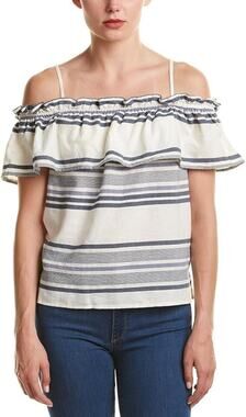 Splendid Womens Small Off-the-Shoulder Ruffle Overlay Blue/Off-White Striped Top